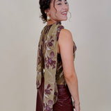 Dolly Floral Blouse in olive chiffon with plum iris print and scarf tie neckline — Paper Doll