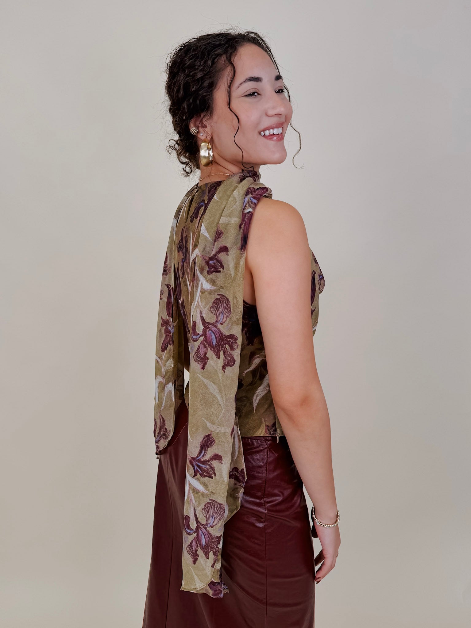 Dolly Floral Blouse in olive chiffon with plum iris print and scarf tie neckline — Paper Doll