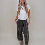 Brinley Striped Pants in navy and taupe stripe with patch pockets — Paper Doll