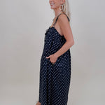 Kerry Polka Dot Midi Dress in navy with white polka dots and tie straps — Paper Doll
