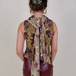 Dolly Floral Blouse in olive chiffon with plum iris print and scarf tie neckline — Paper Doll