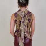 Dolly Floral Blouse in olive chiffon with plum iris print and scarf tie neckline — Paper Doll