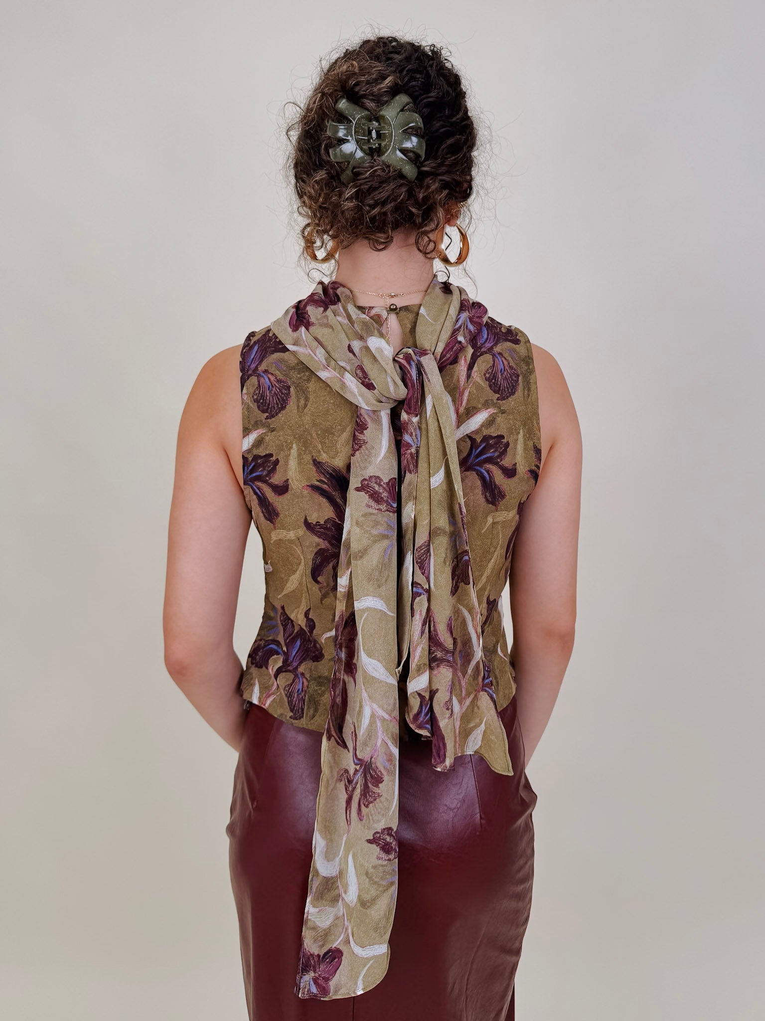 Dolly Floral Blouse in olive chiffon with plum iris print and scarf tie neckline — Paper Doll