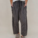 Brinley Striped Pants in navy and taupe stripe with patch pockets — Paper Doll