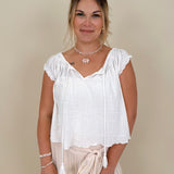 Hadleigh Smocked Neckline Blouse in white with tie neckline and flutter sleeves — Paper Doll