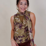 Dolly Floral Blouse in olive chiffon with plum iris print and scarf tie neckline — Paper Doll