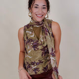Dolly Floral Blouse in olive chiffon with plum iris print and scarf tie neckline — Paper Doll