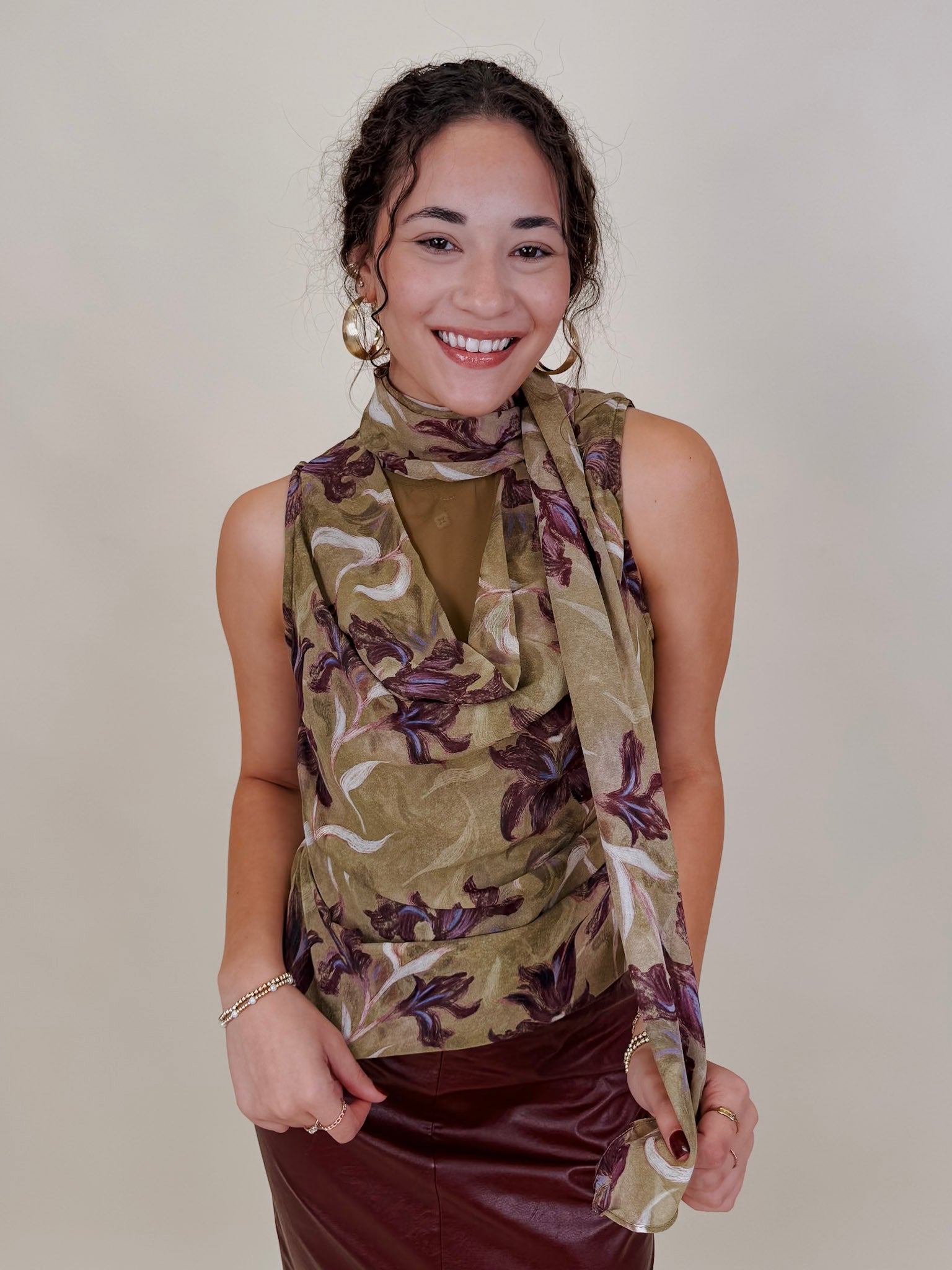 Dolly Floral Blouse in olive chiffon with plum iris print and scarf tie neckline — Paper Doll