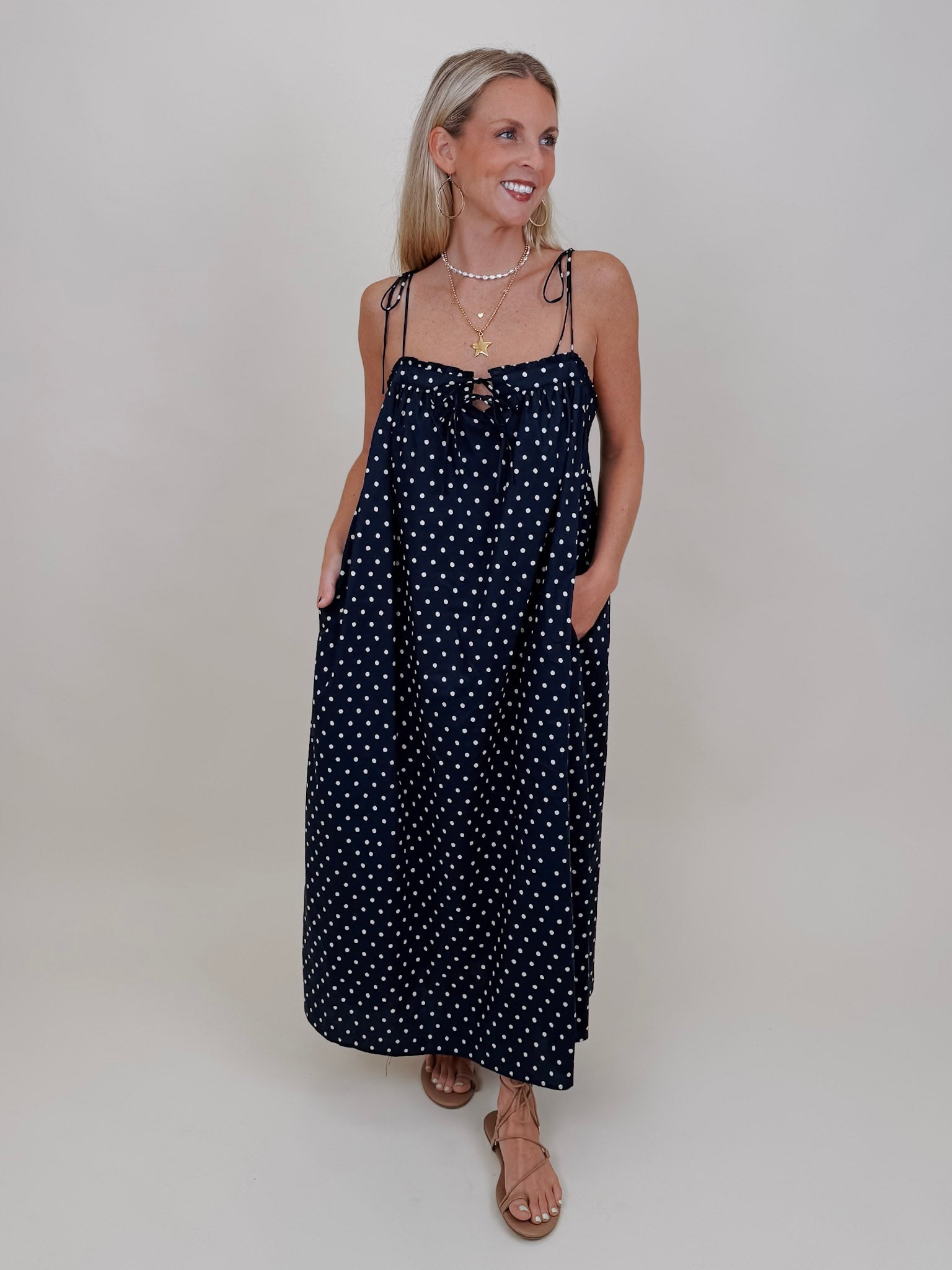 Kerry Polka Dot Midi Dress in navy with white polka dots and tie straps — Paper Doll
