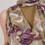 Dolly Floral Blouse in olive chiffon with plum iris print and scarf tie neckline — Paper Doll
