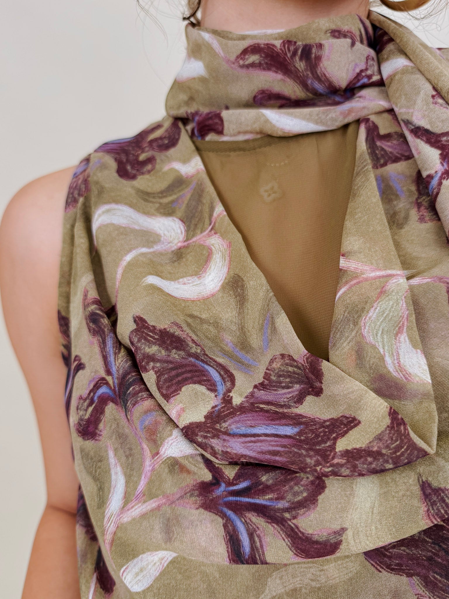 Dolly Floral Blouse in olive chiffon with plum iris print and scarf tie neckline — Paper Doll