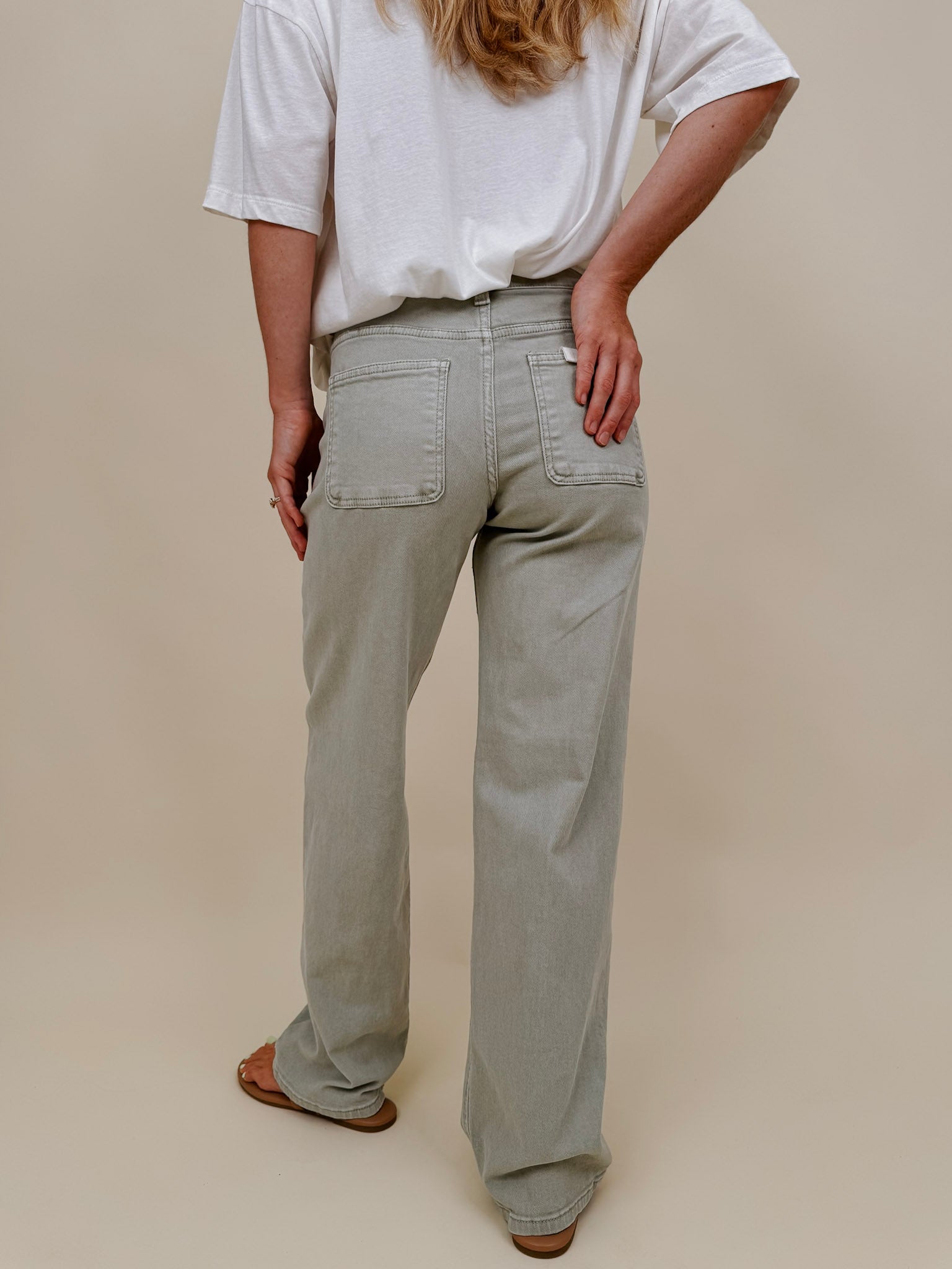 Odette Pants in washed sage with patch pockets and a high-rise straight leg — Paper Doll
