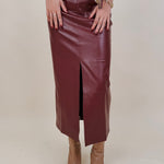 Hailey Midi Skirt in burgundy faux leather with front slit — Paper Doll