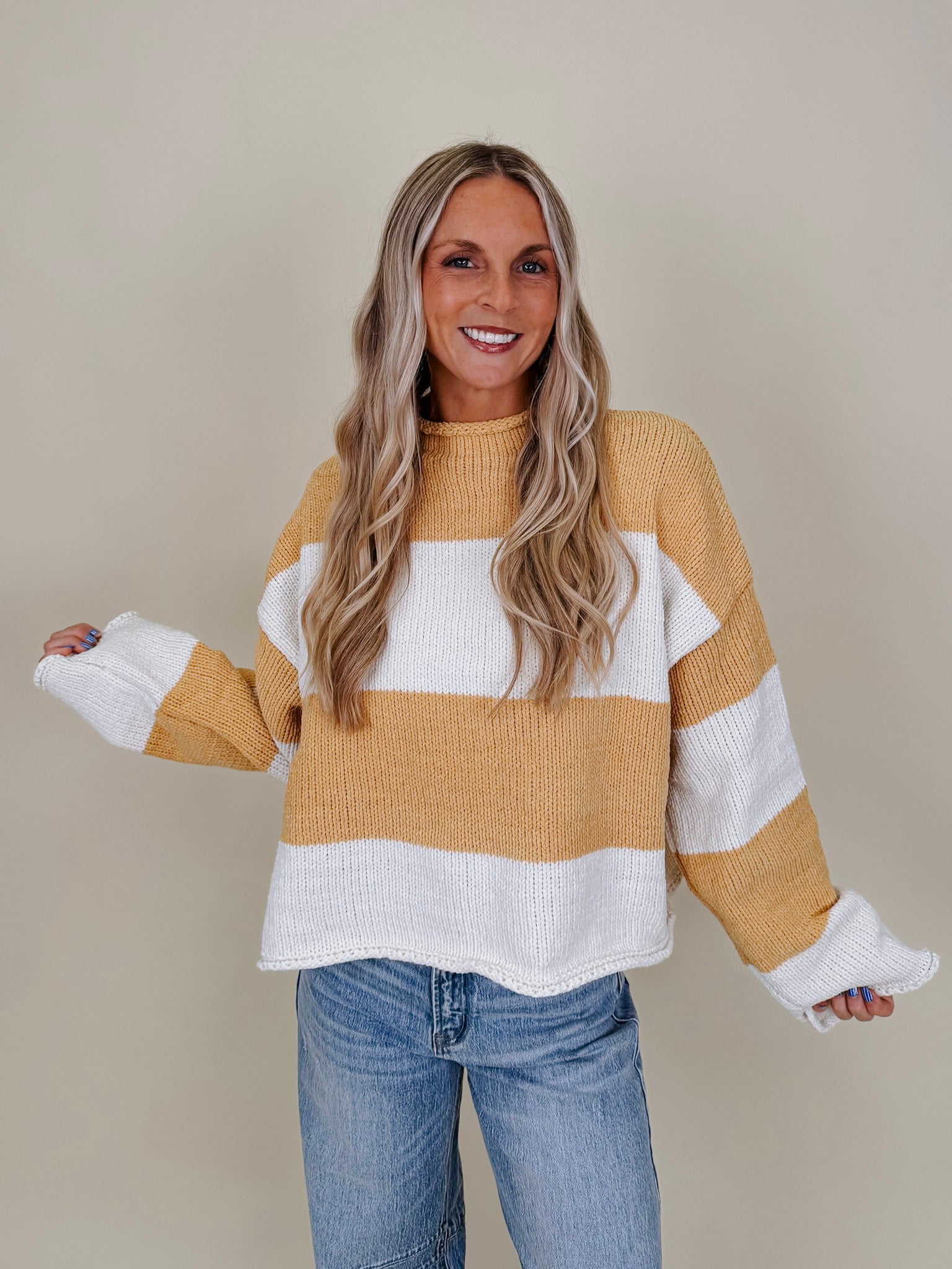 Cozy Together Chunky Knit Sweater in mustard and cream wide stripe chenille knit — Paper Doll