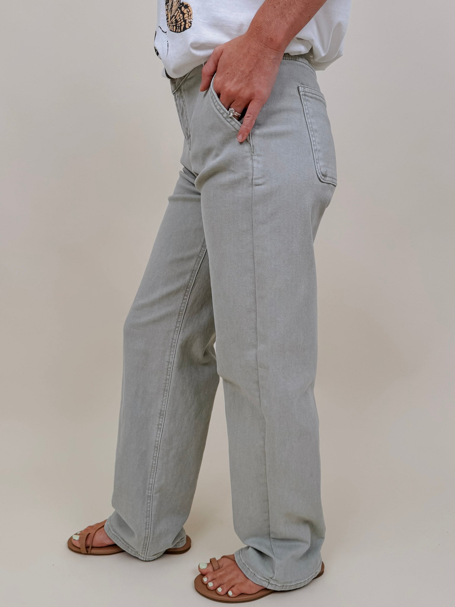 Odette Pants in washed sage with patch pockets and a high-rise straight leg — Paper Doll
