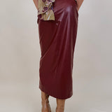 Hailey Midi Skirt in burgundy faux leather with front slit — Paper Doll