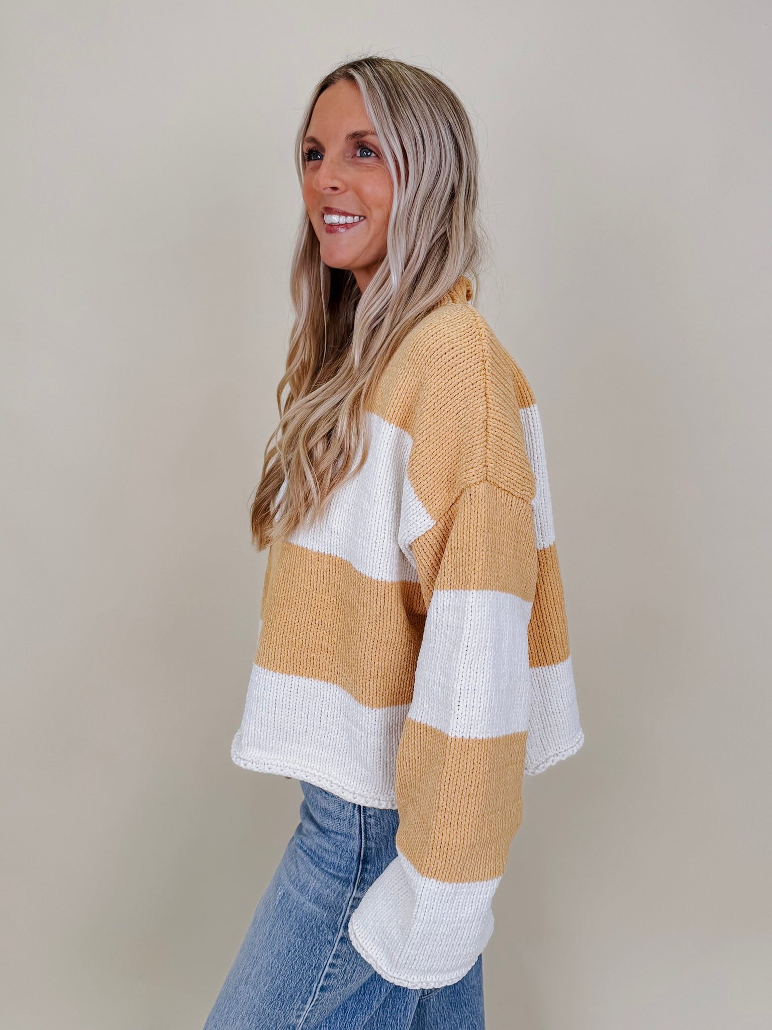 Cozy Together Chunky Knit Sweater in mustard and cream wide stripe chenille knit — Paper Doll
