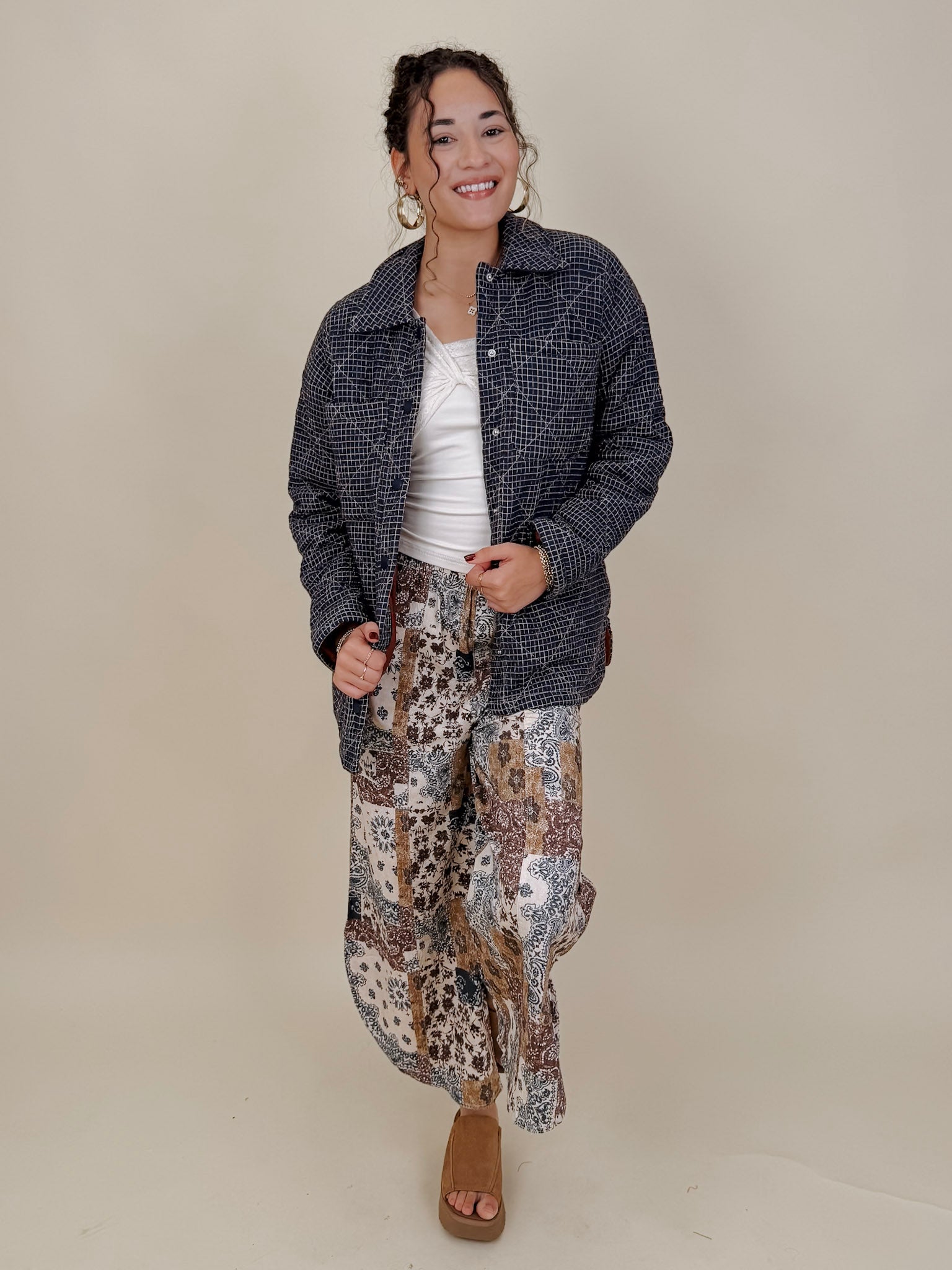 Fair Season Pant in cream and navy bandana patchwork print — Paper Doll