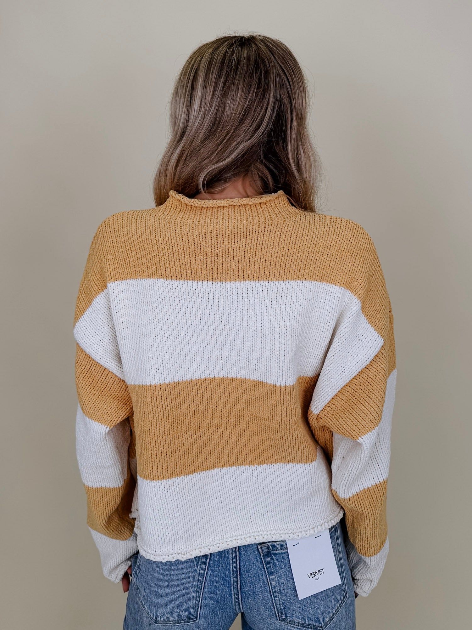 Cozy Together Chunky Knit Sweater in mustard and cream wide stripe chenille knit — Paper Doll