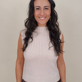Blair Mock Neck Knit Top in cream with a textured rib knit, mock neckline, sleeveless cap shoulders, and a ribbed waist hem