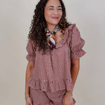 Dahlia Gingham Set in burgundy check with ruffled off shoulder top and matching shorts