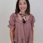 Dahlia Gingham Set in burgundy check with ruffled off shoulder top and matching shorts