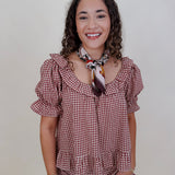 Dahlia Gingham Set in burgundy check with ruffled off shoulder top and matching shorts