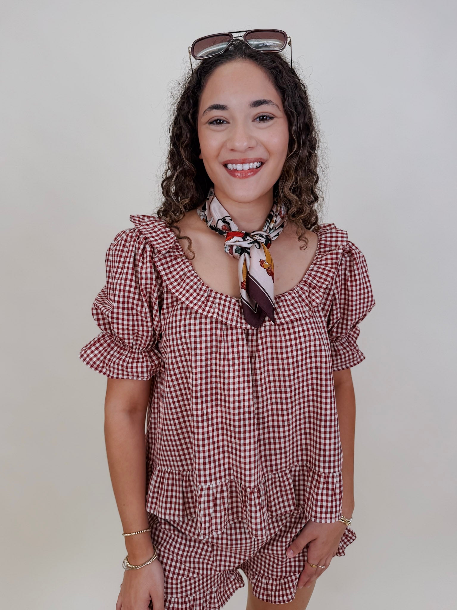 Dahlia Gingham Set in burgundy check with ruffled off shoulder top and matching shorts