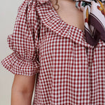 Dahlia Gingham Set in burgundy check with ruffled off shoulder top and matching shorts