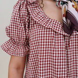 Dahlia Gingham Set in burgundy check with ruffled off shoulder top and matching shorts