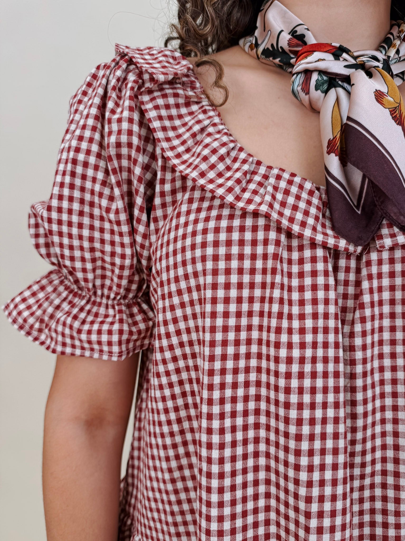 Dahlia Gingham Set in burgundy check with ruffled off shoulder top and matching shorts