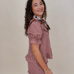 Dahlia Gingham Set in burgundy check with ruffled off shoulder top and matching shorts