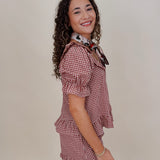 Dahlia Gingham Set in burgundy check with ruffled off shoulder top and matching shorts