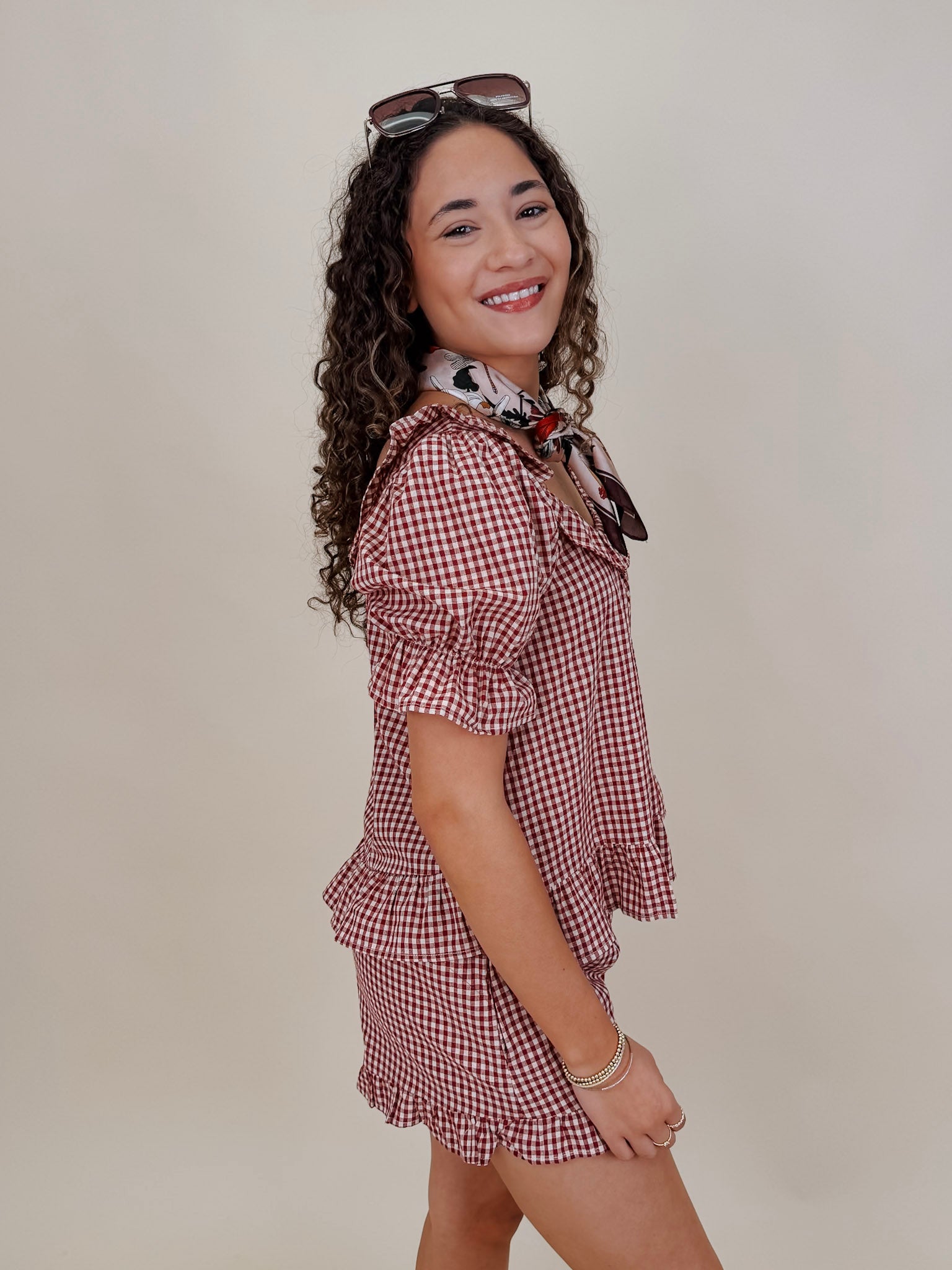 Dahlia Gingham Set in burgundy check with ruffled off shoulder top and matching shorts