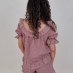 Dahlia Gingham Set in burgundy check with ruffled off shoulder top and matching shorts