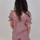 Dahlia Gingham Set in burgundy check with ruffled off shoulder top and matching shorts