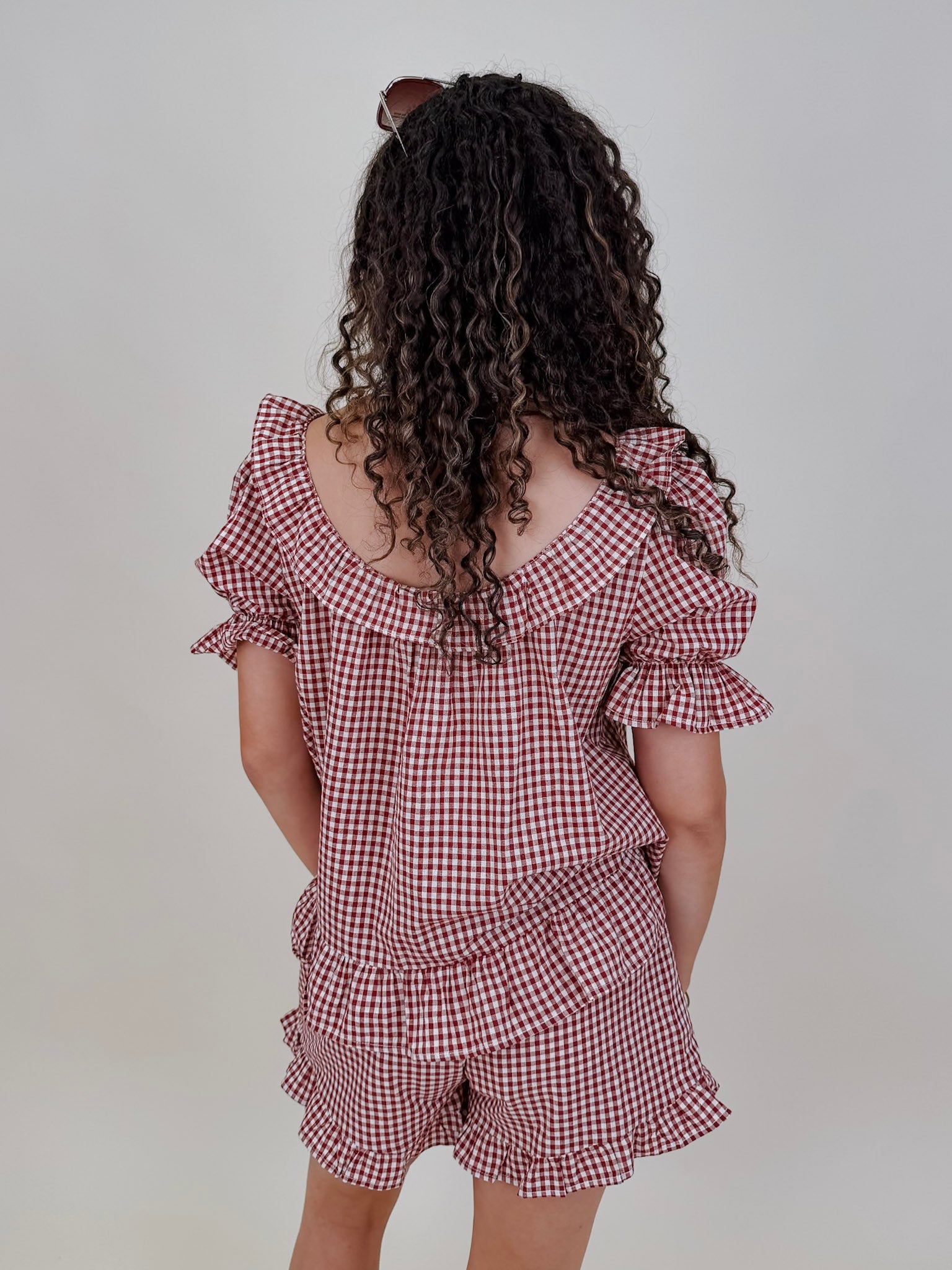 Dahlia Gingham Set in burgundy check with ruffled off shoulder top and matching shorts