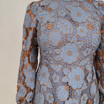 Eloise Embroidered Dress in dusty blue and peach floral lace with long lantern sleeves
