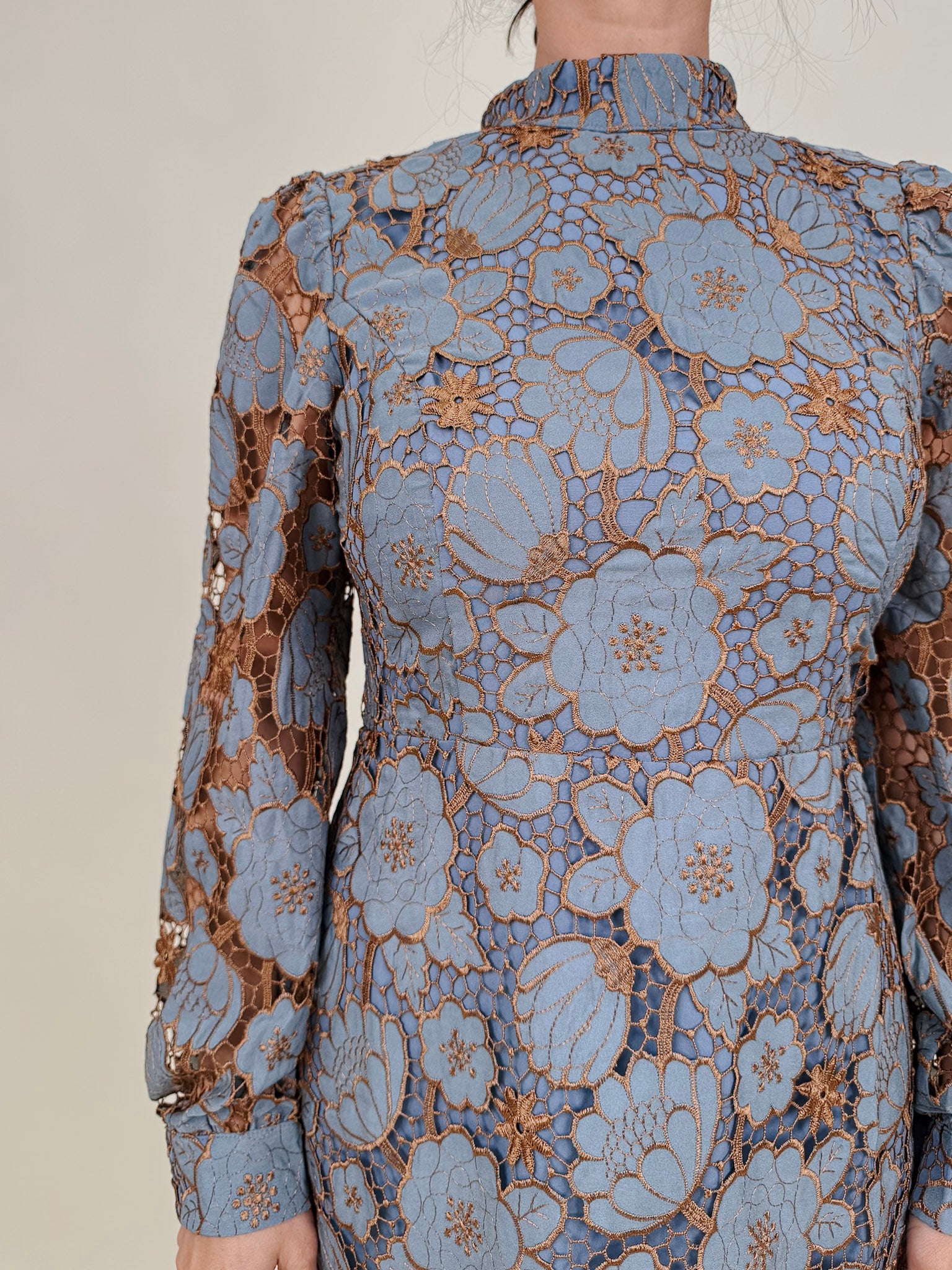 Eloise Embroidered Dress in dusty blue and peach floral lace with long lantern sleeves