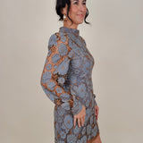 Eloise Embroidered Dress in dusty blue and peach floral lace with long lantern sleeves
