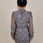 Eloise Embroidered Dress in dusty blue and peach floral lace with long lantern sleeves