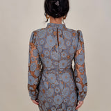 Eloise Embroidered Dress in dusty blue and peach floral lace with long lantern sleeves