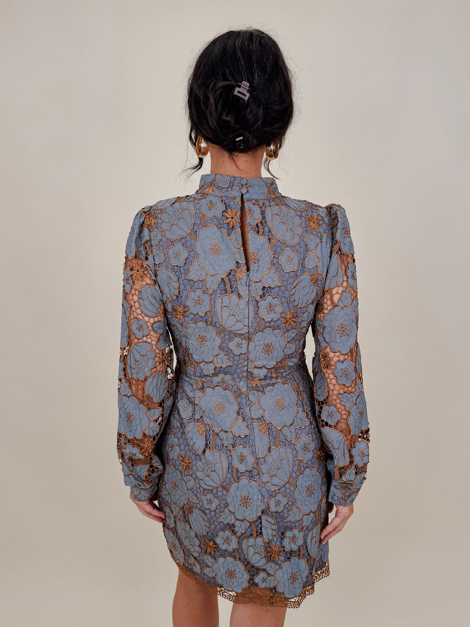 Eloise Embroidered Dress in dusty blue and peach floral lace with long lantern sleeves