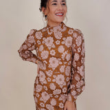 Eloise Embroidered Dress in dusty blue and peach floral lace with long lantern sleeves