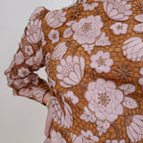 Eloise Embroidered Dress in dusty blue and peach floral lace with long lantern sleeves