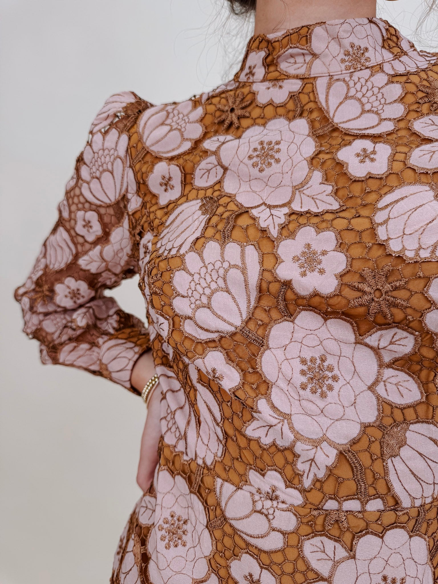 Eloise Embroidered Dress in dusty blue and peach floral lace with long lantern sleeves