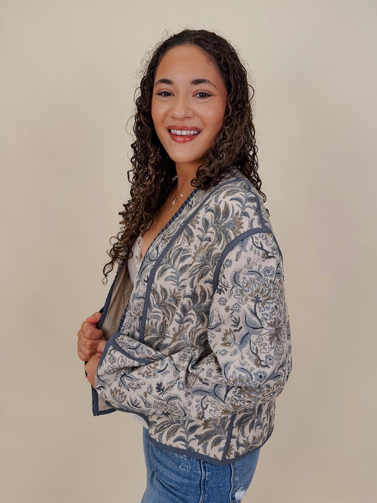 George Town Floral Jacket in sage and blue floral print with contrast piping
