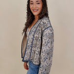 George Town Floral Jacket in sage and blue floral print with contrast piping
