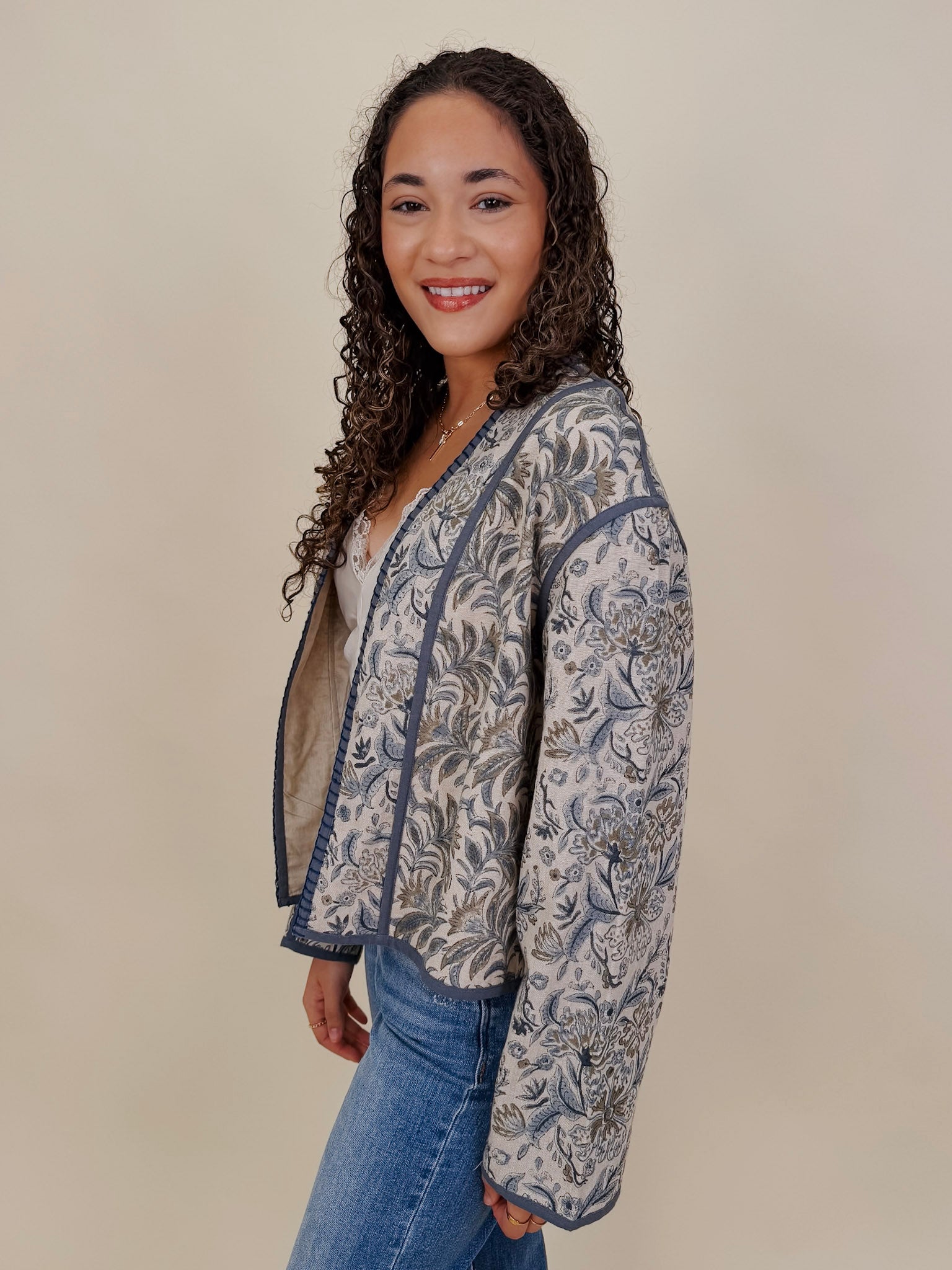 George Town Floral Jacket in sage and blue floral print with contrast piping