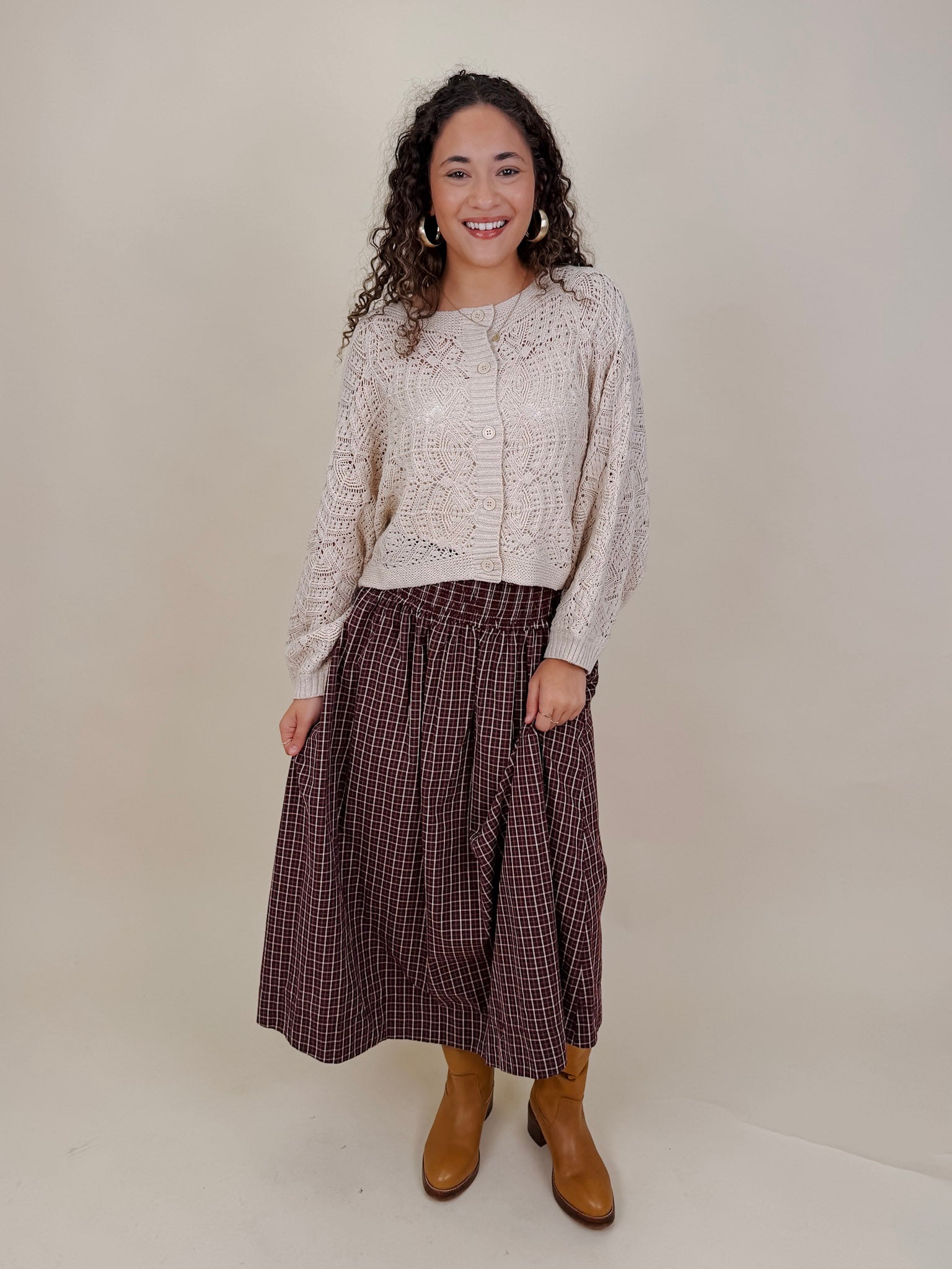 Heatherwood Midi Skirt in burgundy windowpane plaid with smocked waist